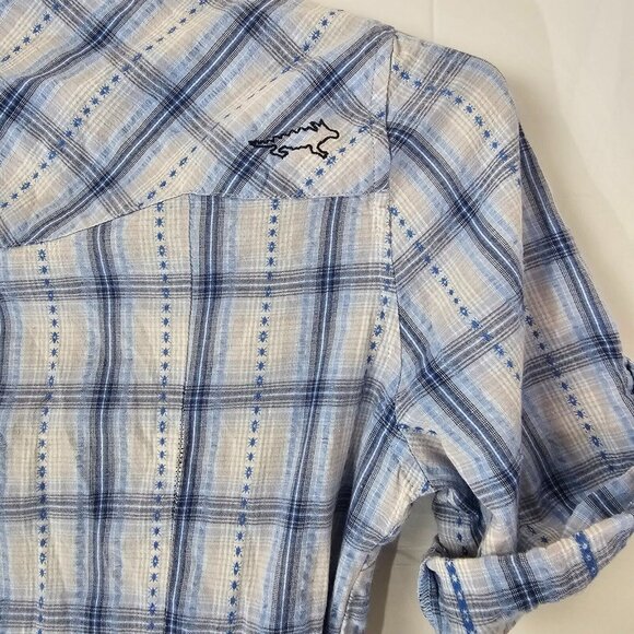 Horny Toad Shirt Dress Womens Small Blue Plaid Button Up Outdoor Belted Tie Knee - Picture 9 of 10